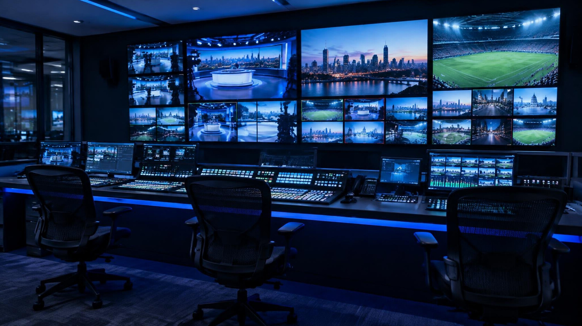 Television production control room with a wall of monitors