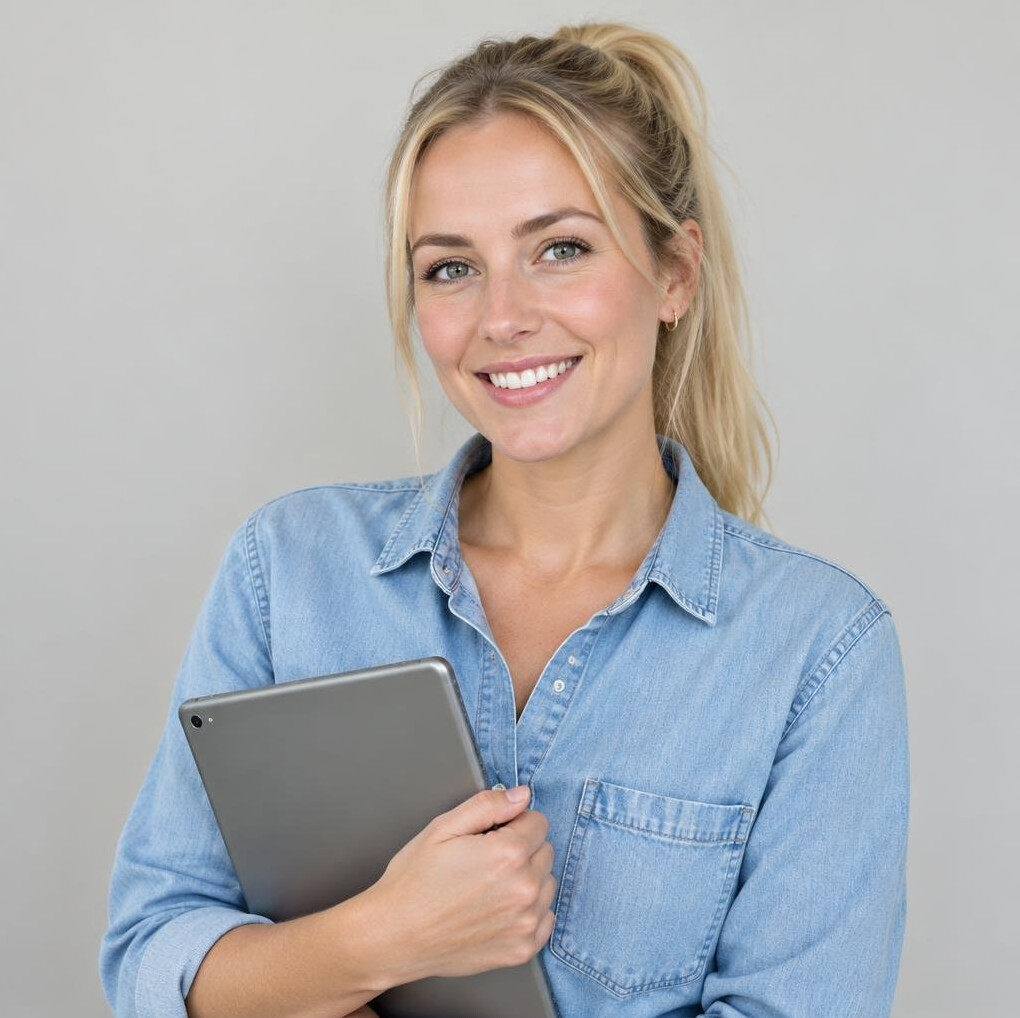 Portrait of a young white British woman with a blonde ponytail holding a tablet