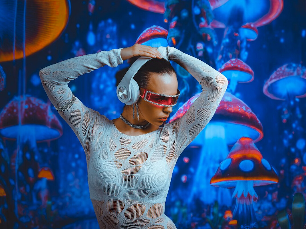 Portrait of a British Indian woman in her thirties wearing headphones around her neck