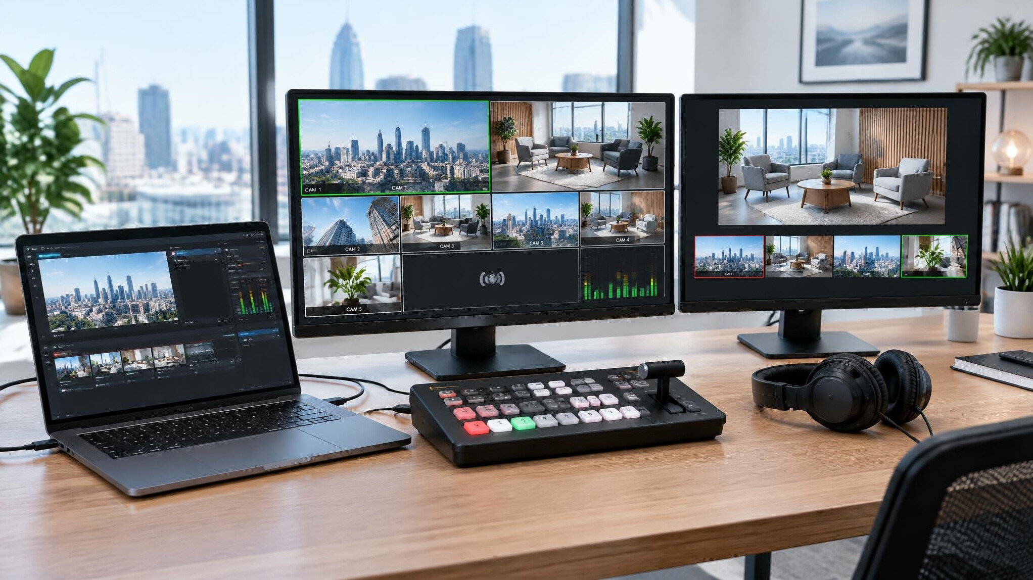 Laptop and monitors showing a remote multi-camera production workflow