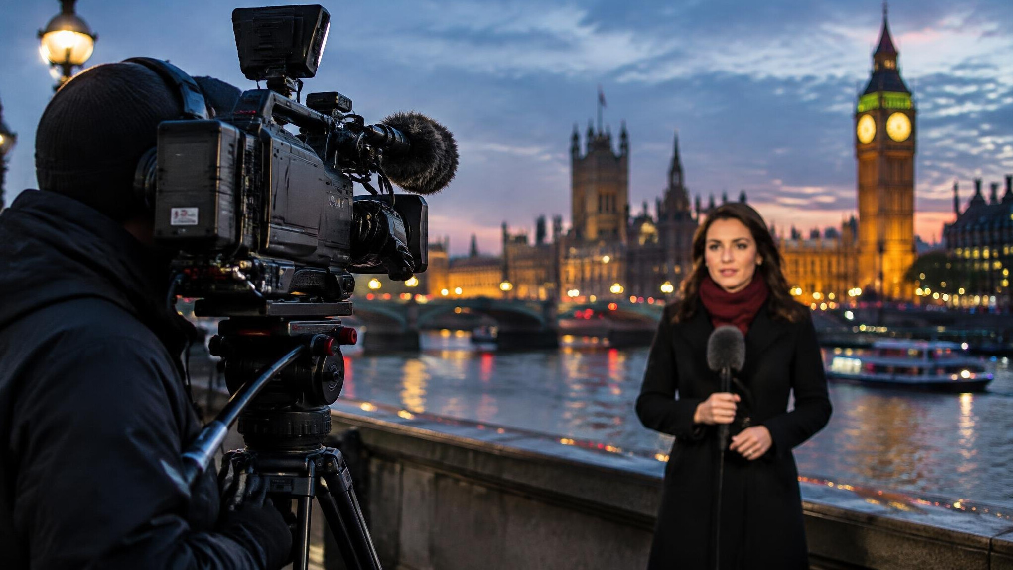 Professional broadcast camera on a tripod at a live news event