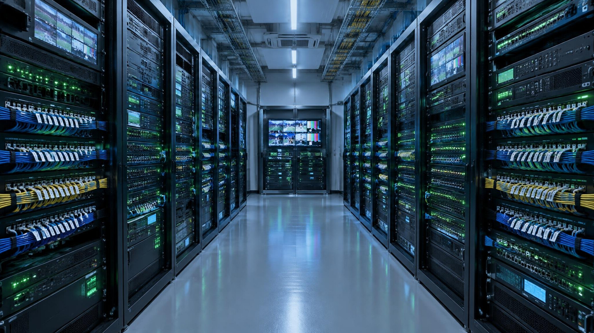 Rows of broadcast equipment racks with patch cables and status lights