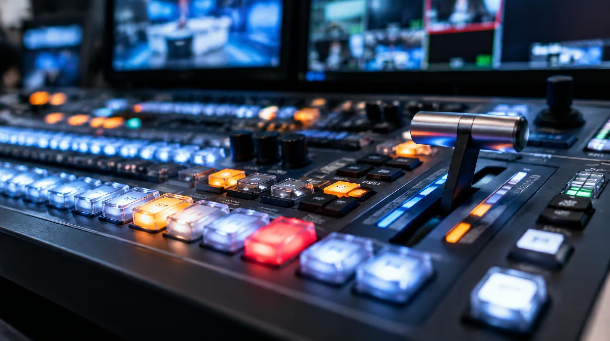 Close-up of a vision mixer switcher panel with glowing buttons