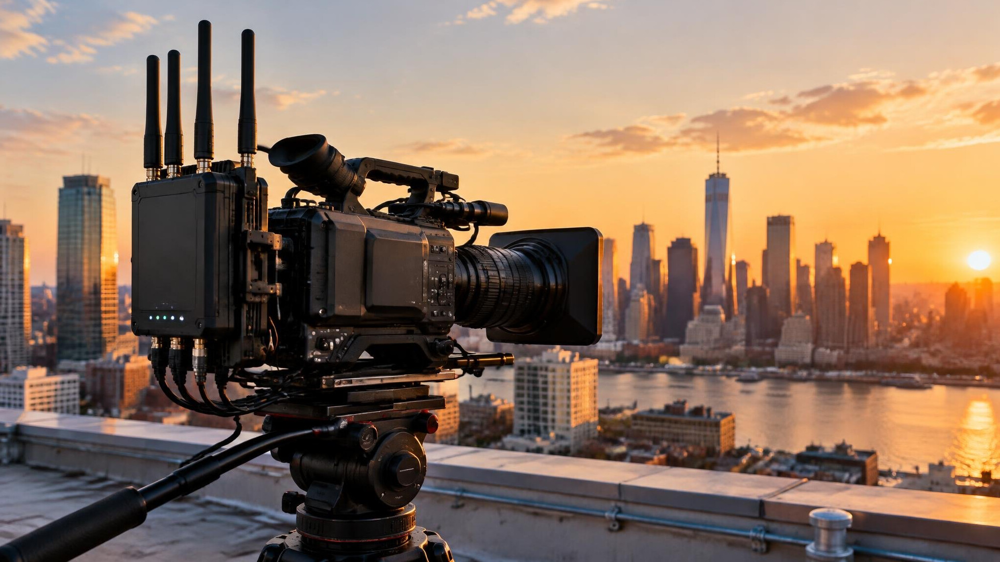 Bonded cellular transmitter backpack attached to a camera on location