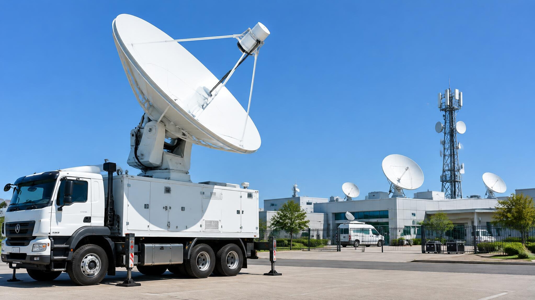 Satellite uplink dish pointed at a clear sky