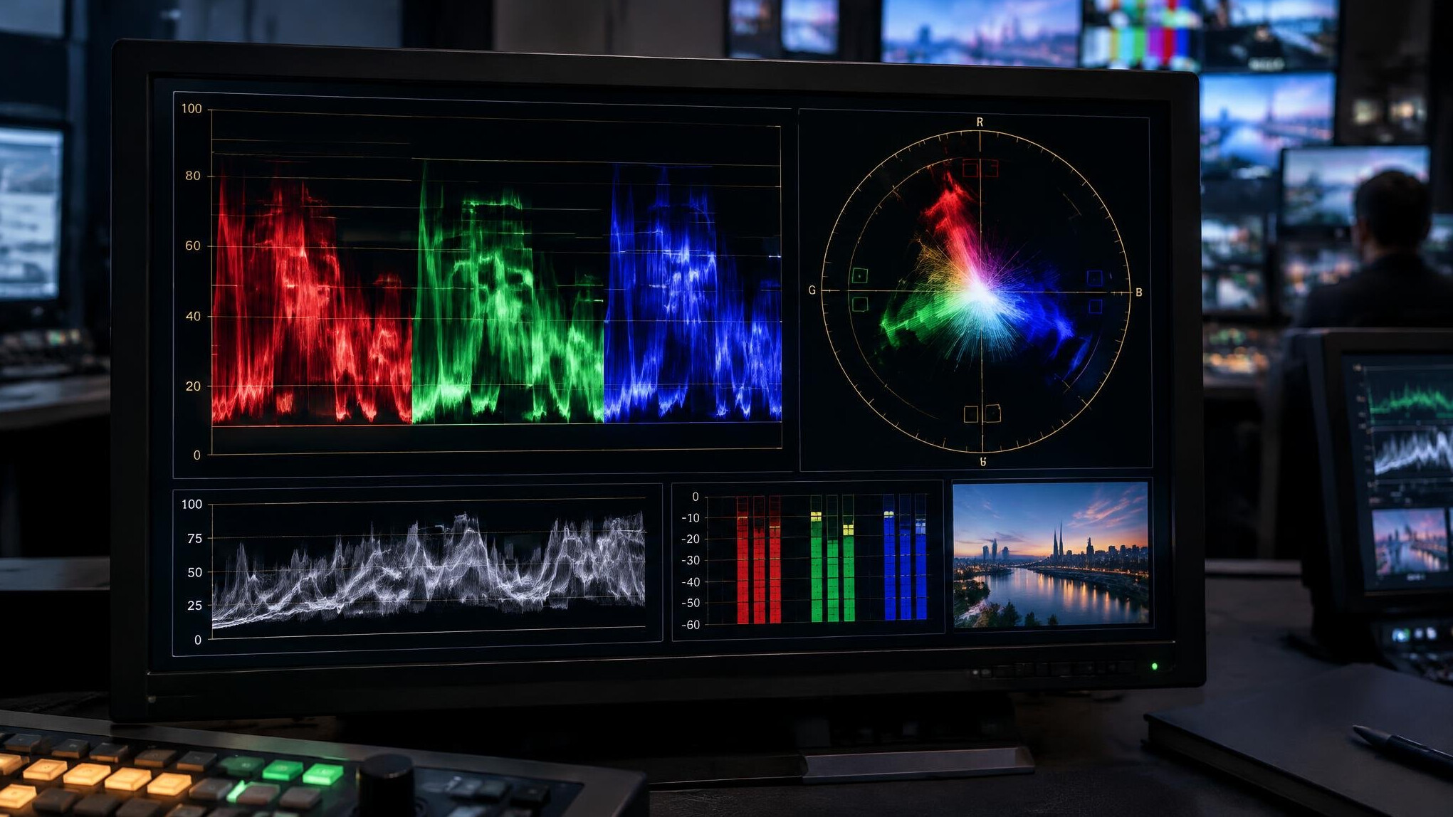 Engineer monitoring live signal waveforms on a broadcast monitor
