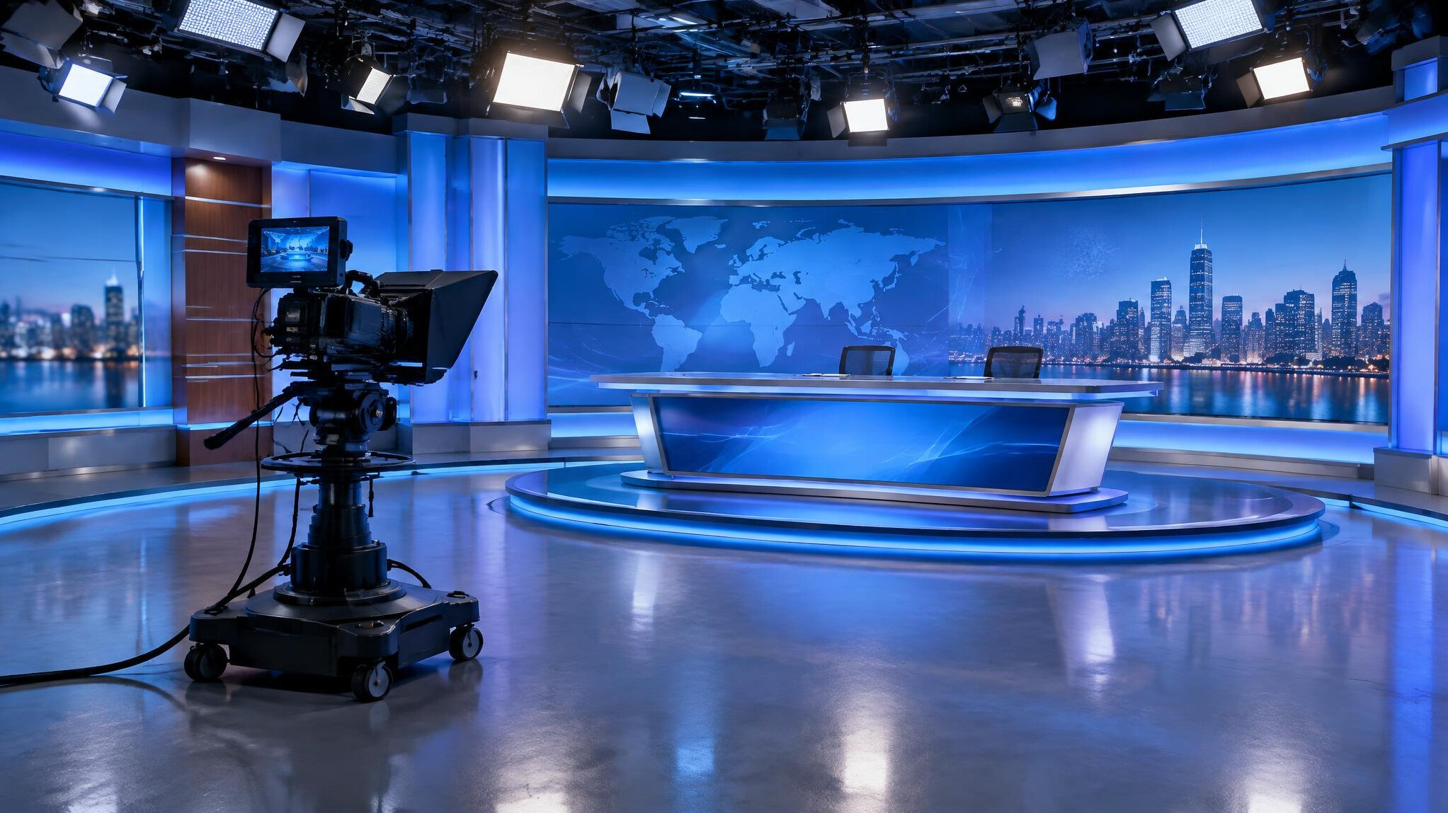 Television studio floor with lighting rig and camera on a pedestal