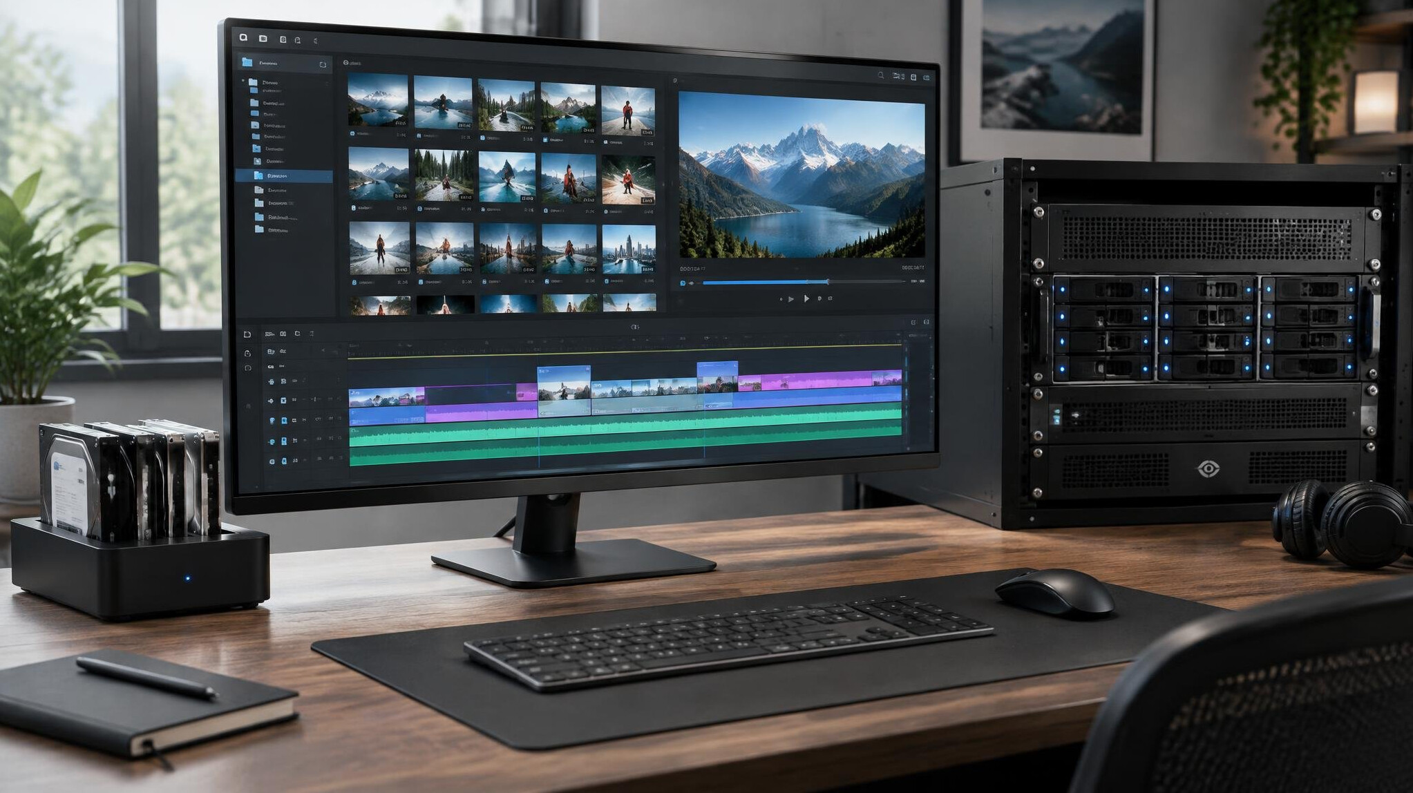Media server and ingest workstation with a clip timeline on screen